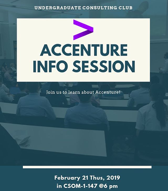 Come join us tonight @ 6pm CSOM 1-147 with Accenture! They will be having an overview of their company as well as time for discussion and questions.
Pizza will be served. 
Don&rsquo;t miss out on the chance to learn more about a great consulting comp