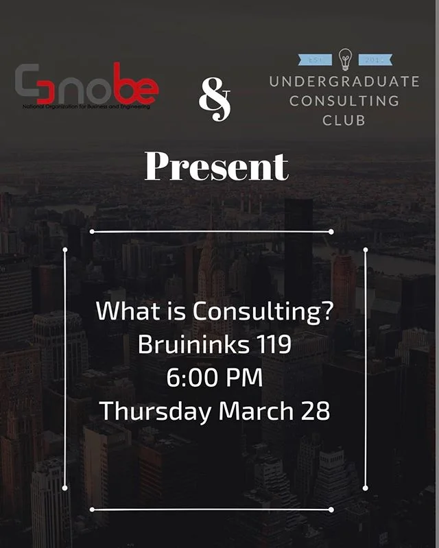 Come join us tonight! UCC and NOBE are hosting a &ldquo;What Is Consulting&rdquo; seminar. 
The goal of this seminar is to demystify the consulting internship by hearing from current UMN students who have previously served as summer consulting intern