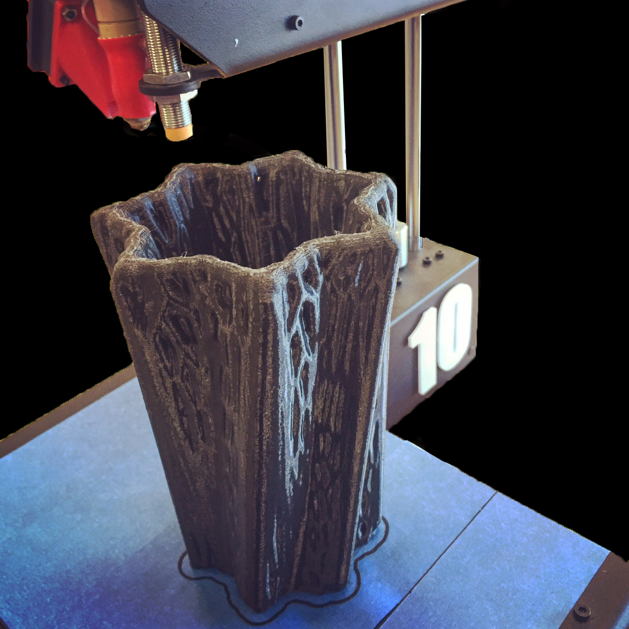 3-D printed vase after a 16 hour print session. 