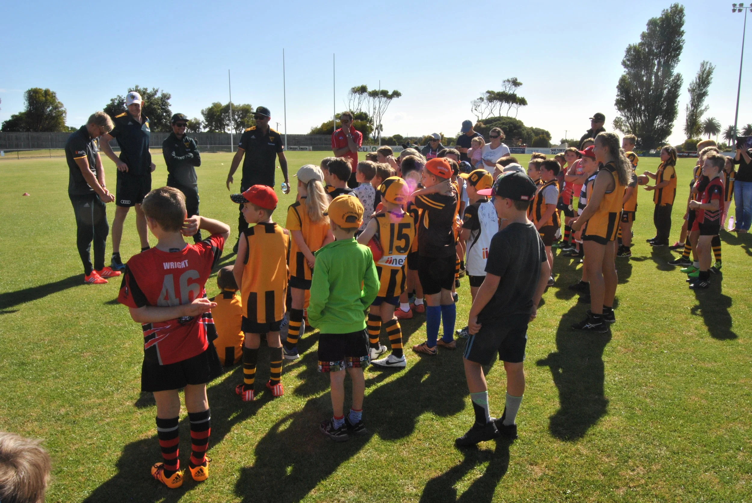 Ben McEvoy, Shaun Burgoyne, Will Langford and Kade Stewart speak with a group of AusKickers.