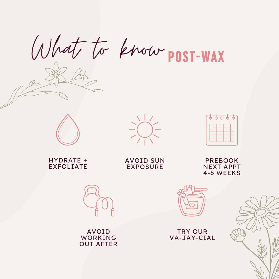 Take care of your skin after your wax! Keep these tips in mind to keep your skin looking great!

💖 Hydrate and exfoliate your skin to keep it soft and prevent ingrown hairs!
💖 Avoid sun exposure and tanning beds since your skin is more sensitive an