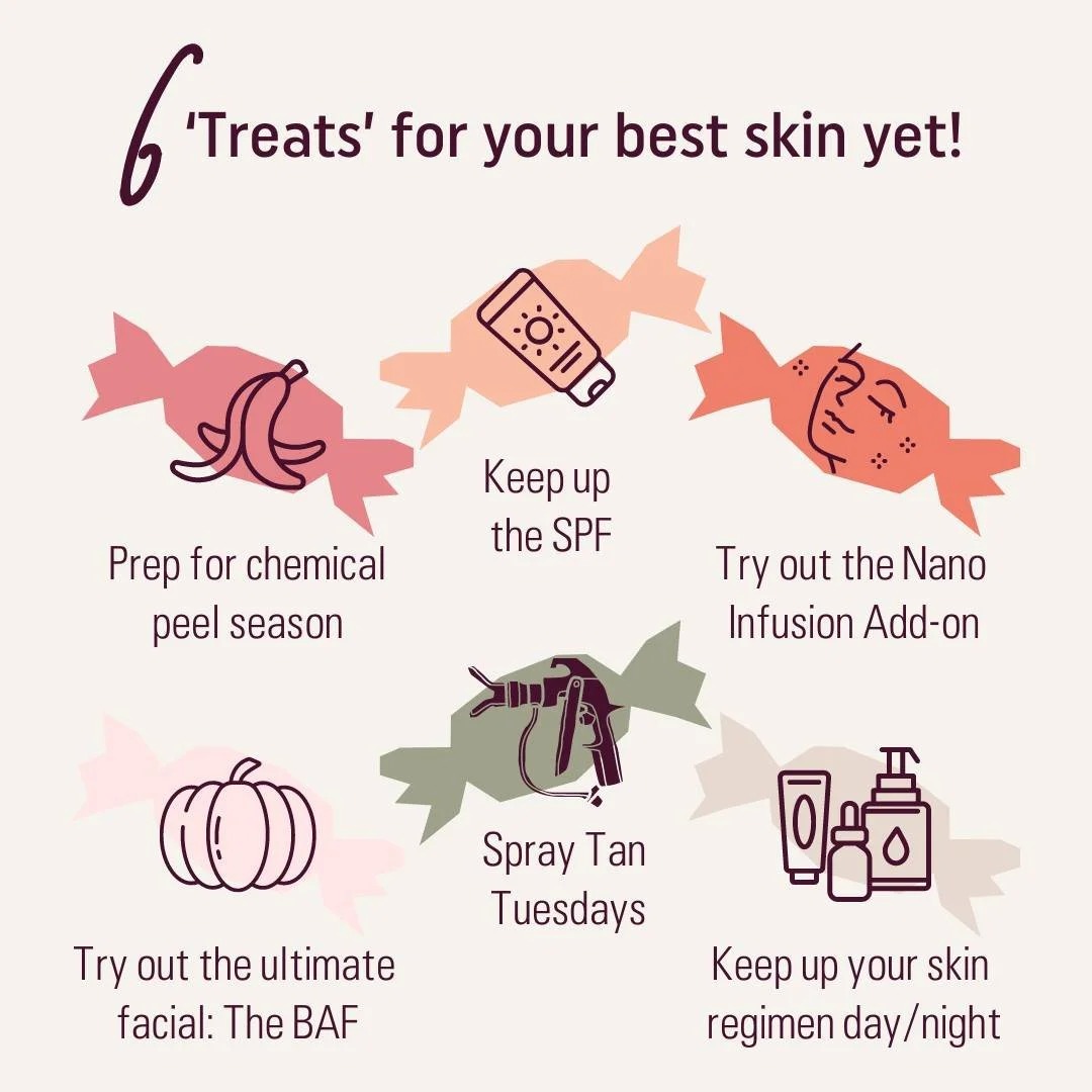 Don't forget to give your skin some extra love to keep your glow going all year long with the weather changing!

Here Are some tricks and treats for your best skin yet this fall:

🍬 Now that the high UV days are in the past, this is a great time to 