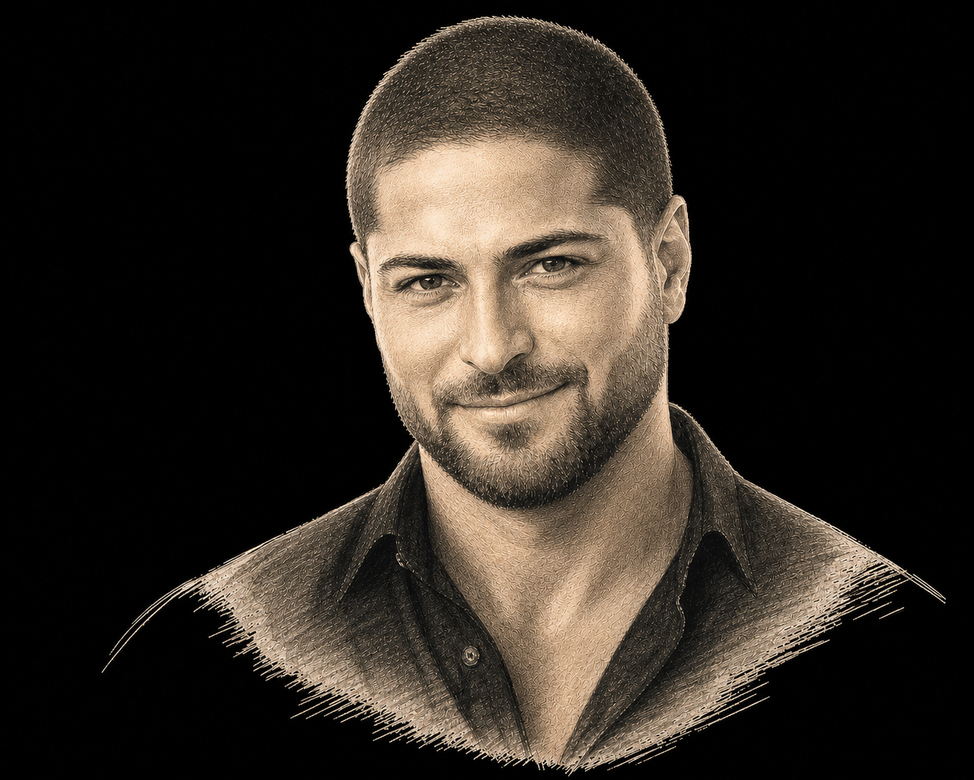 Sepia-toned portrait of a man with short dark hair, beard, wearing a collared shirt, against a black background.