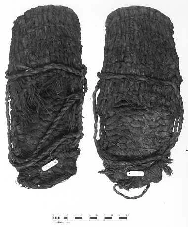 Sagebrush bark sandals, in 1938 were excavated by archaeologist Luther Cressman ( University of Oregon ) at Fort Rock Cave, a volcanic crater in central Oregon. They radiocarbon dated from 10,500-9,300 years old. (source: University of Oregon )