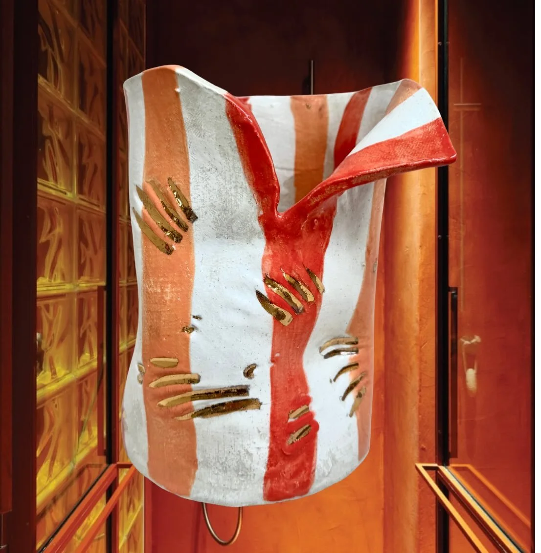 &lsquo;Mid Crush&rsquo; Gold Vermillion Peach Stripe
Available @greenhouseinteriors