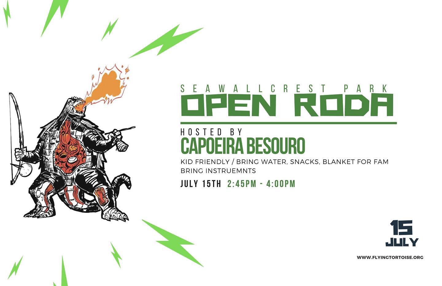We will be hanging out next to the Flying Tortoise Beijing Bootcamp giving em an uplifting soundtrack and playin the games. Join us! #seawallcrestpark #parkcapoeira #capooeira #capoeirabesouro #pdxcapoeira #capoeirabesourooregon
