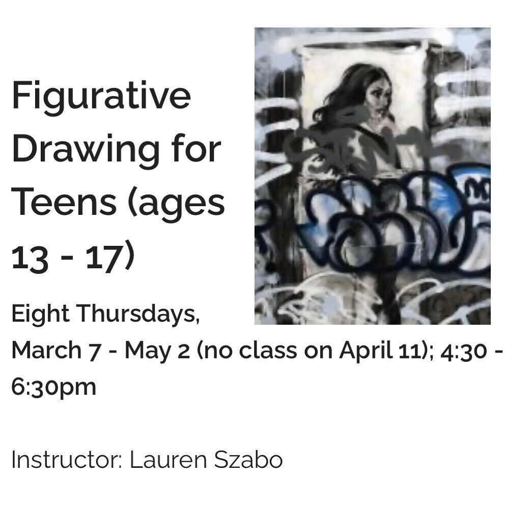 New class offering, please spread the word! @marinmoca 

Figurative Drawing for Teens (ages 13 - 17)
Eight Thursdays, March 7 - May 2 (no class on April 11); 4:30 - 6:30pm

Instructor: Lauren Szabo
 
Through demonstrations, studio practice, and one-o