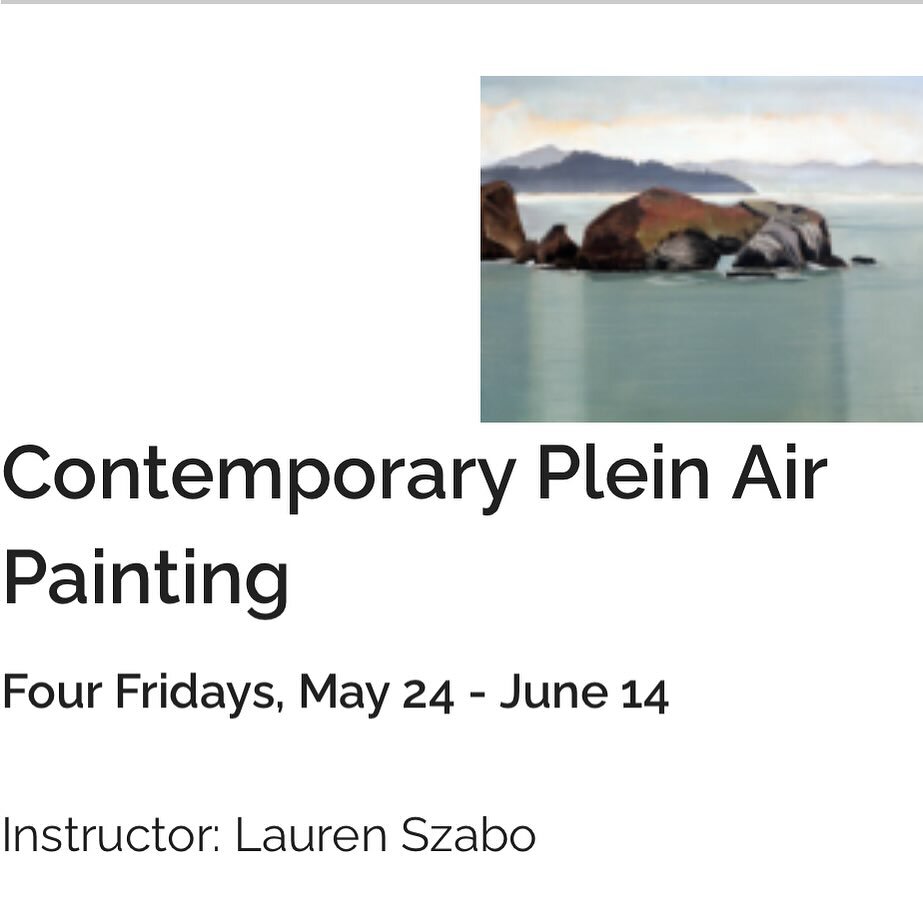 New class offering @marinmoca !

Contemporary Plein Air Painting
Four Fridays, May 24 - June 14

Instructor: Lauren Szabo
 

Through demonstrations and one-on-one tutoring, students will investigate today&rsquo;s natural, urban and hybridized landsca
