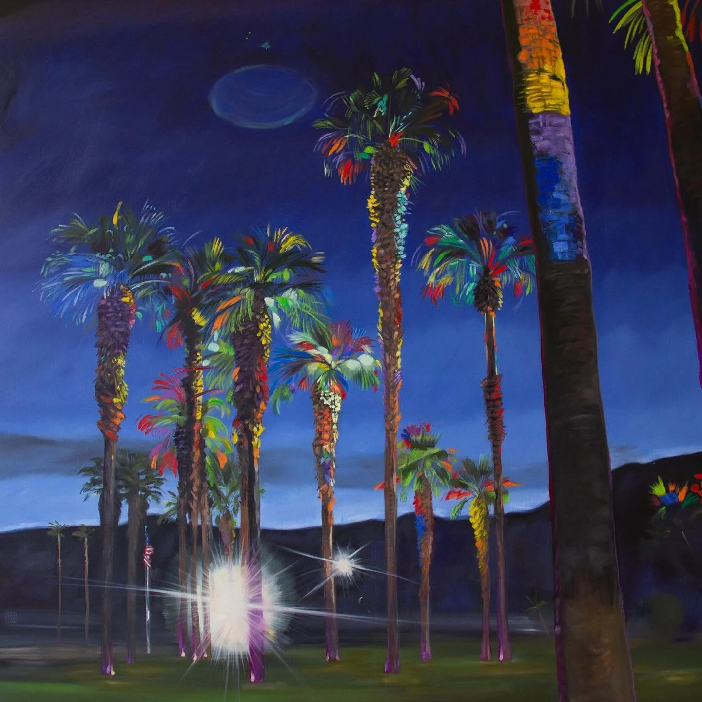 &ldquo;Rainbow Palms (Fireworks)&rdquo;, oil on canvas, 36 x 36 inches, 2024, on view at my solo show &ldquo;As Above, So Below&rdquo; through September 28 @marinmoca 

I saw this subject out in the wild while traveling with my Father in Palm Springs