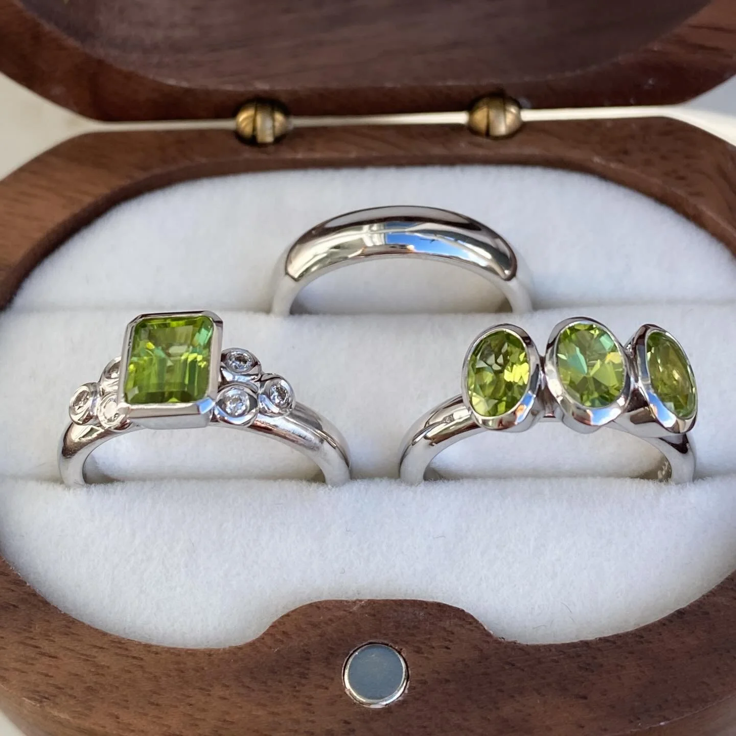 What I&rsquo;ve been up to recently &hellip;
.
The workshop has been wonderfully busy,  I just keep forgetting to tell Instagram! These beautiful remodels feature the peridots from her original rings set in a way that provides a little bit more prote