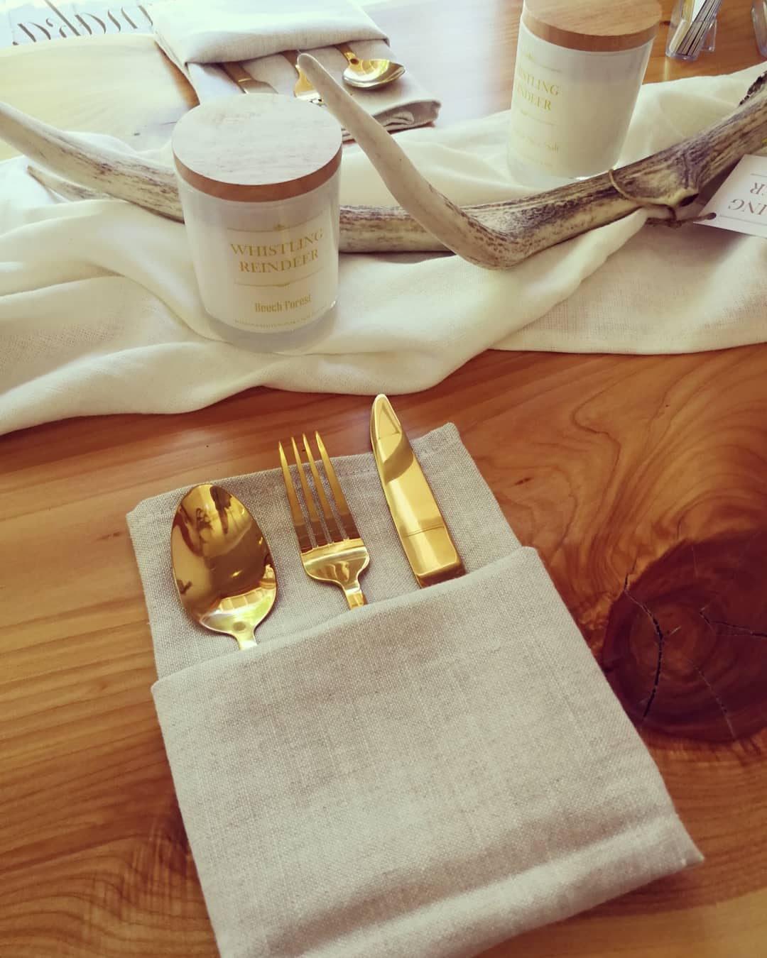 Oatmeal Napkins &amp; Oyster Table Cloth as Runner