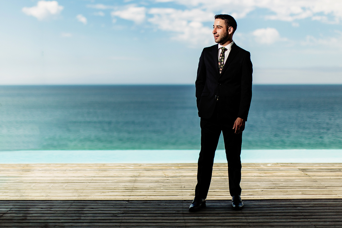 Jewish Groom Portrait with the ocean in the backround