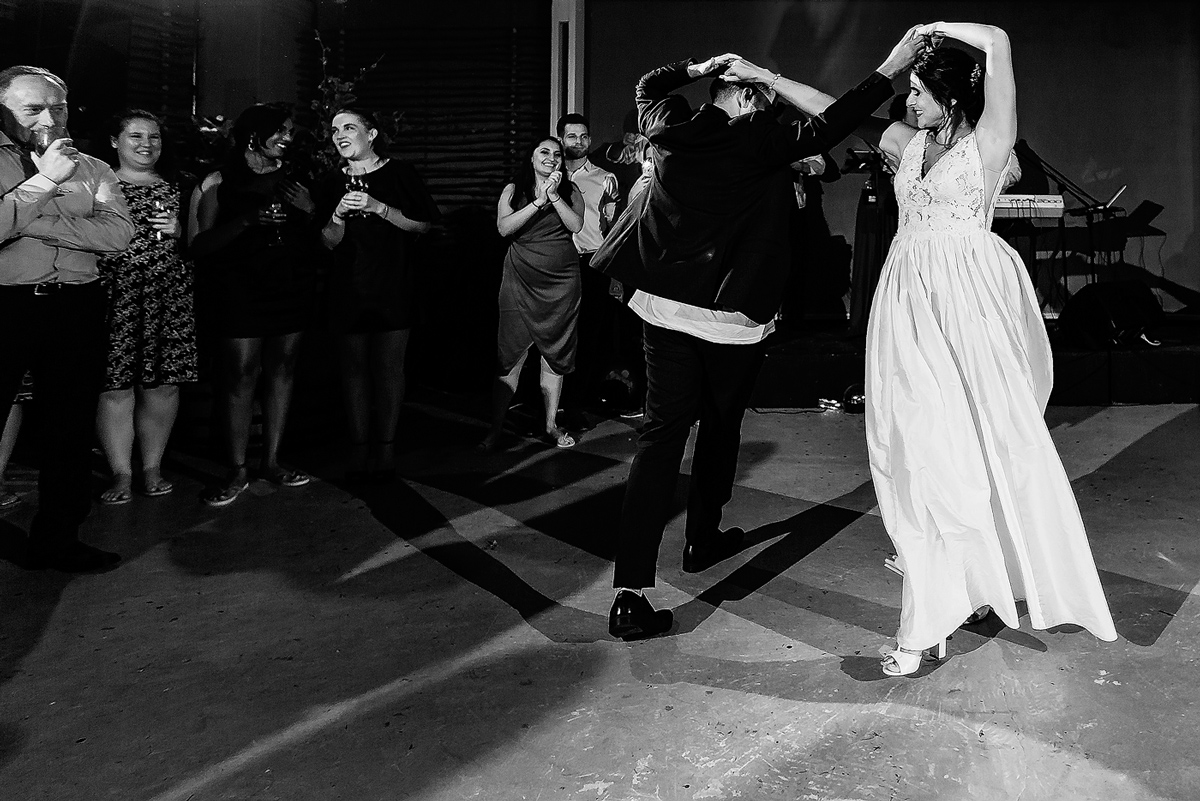 Bride and groom first dance during wedding reception