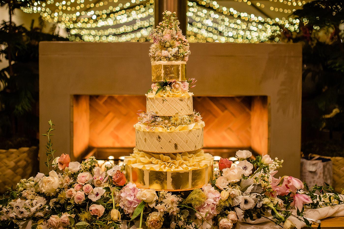 Elaborate, Elegant Gold Wedding Cake with flowers