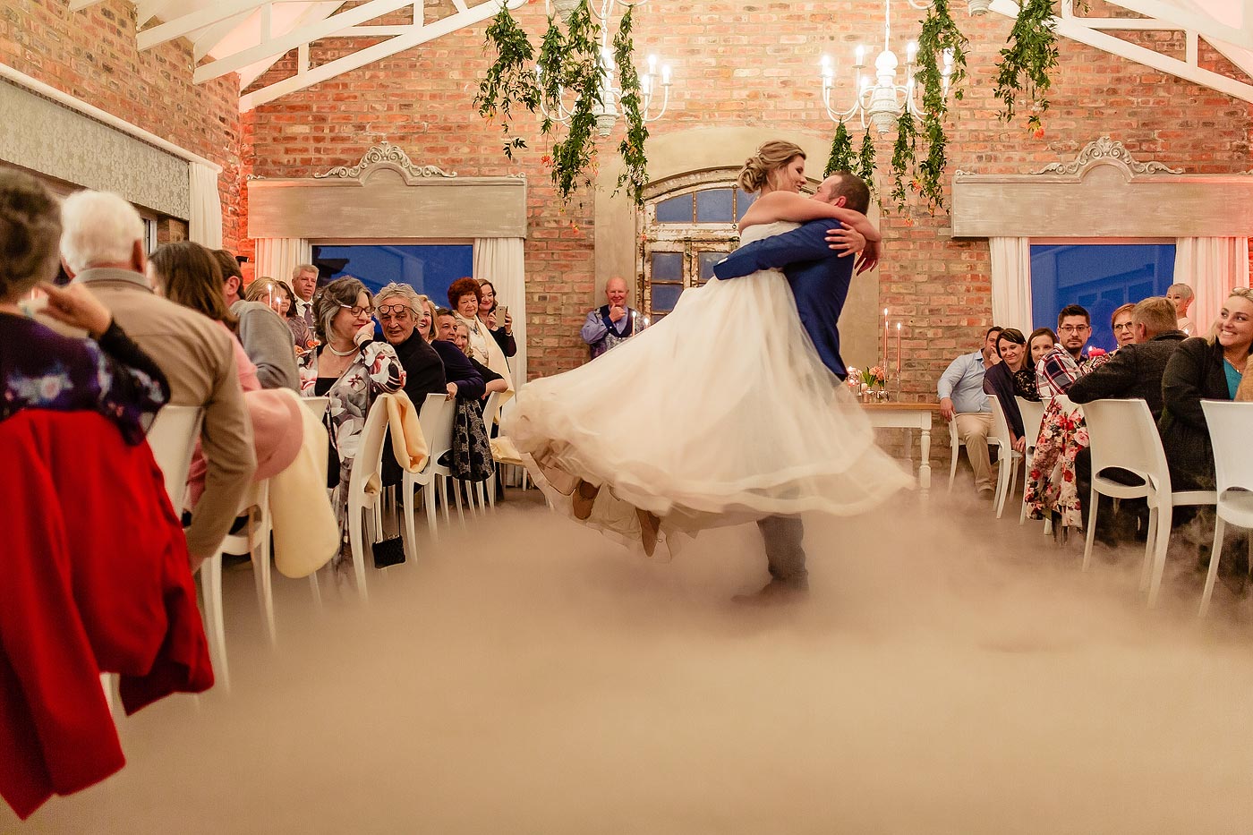 Smoke machine on the dancefloor during the wedding first dance in the Garden Route, South Africa.