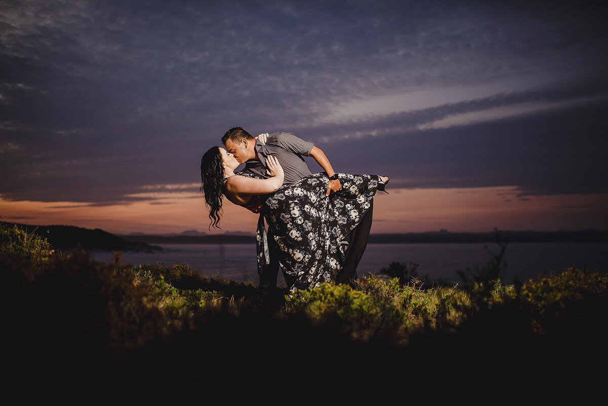 Dance inspired couple photo pose idea at sunset on the beach