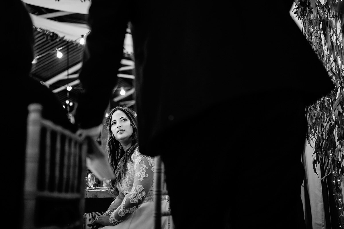 Emotional bride listens to the grooms speech at wedding in Northern Cape.