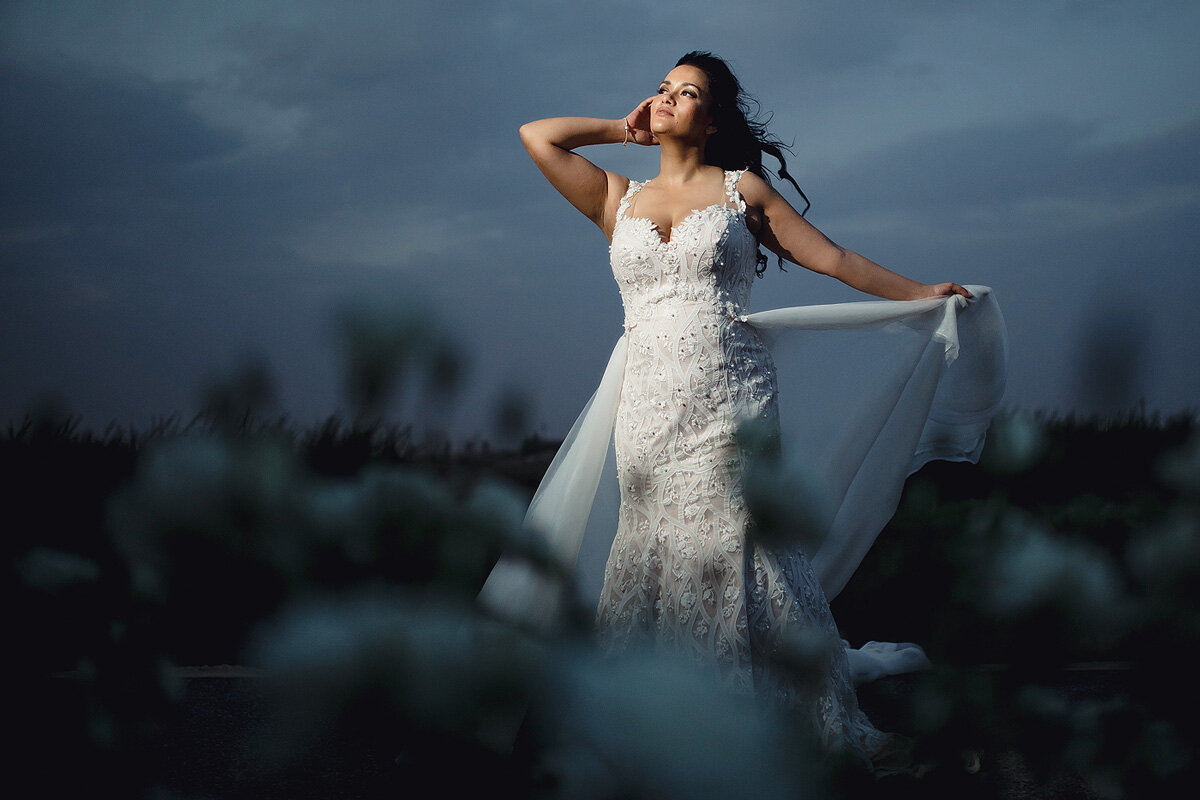 Formal Bridal Portraits with camera flash in the evening.