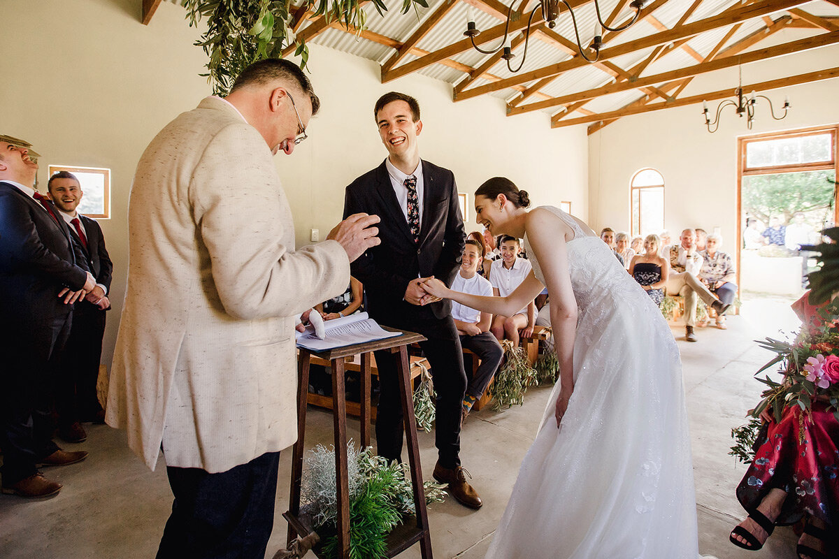 Funny moment reaction during the wedding ceremony in a small chapel near Jongensfontein.