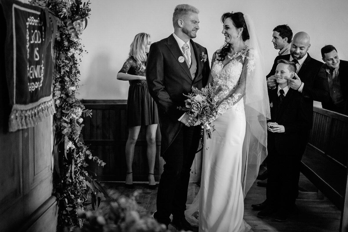 Bride and Groom first look at Garden Route Winter Wedding.