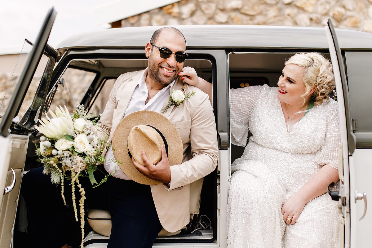 Fun Wedding Couple Portrait with a VW Kombi bus in the Garden Route.