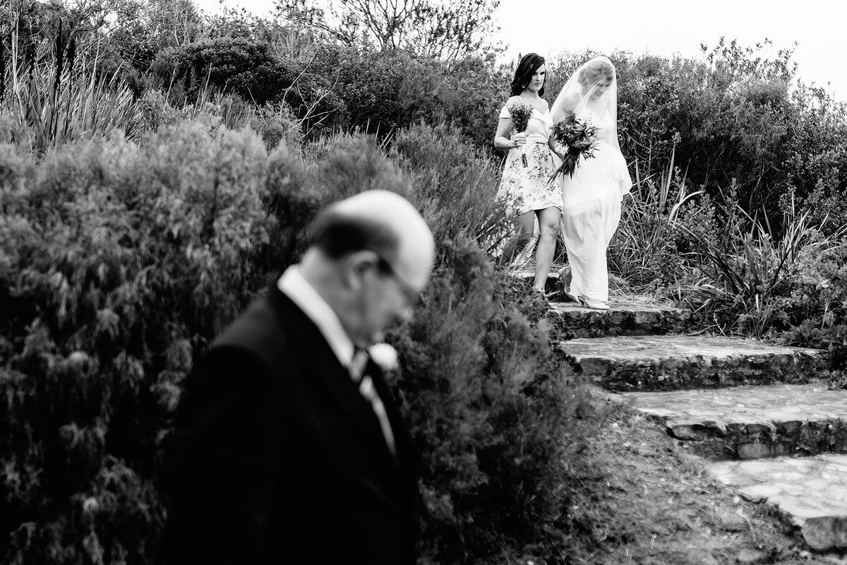 Bride entrance before the wedding ceremony at Ballots Bay near George in the Garden Route.