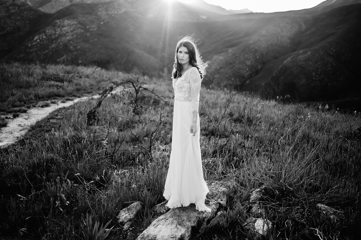 Bride in white wedding dress on the Outeniqua Mountain trails.