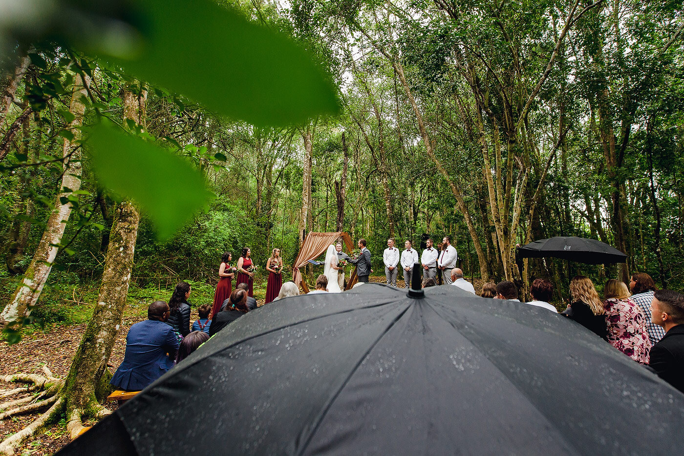 Rain and umbrellas during a forest wedding in the garden route.