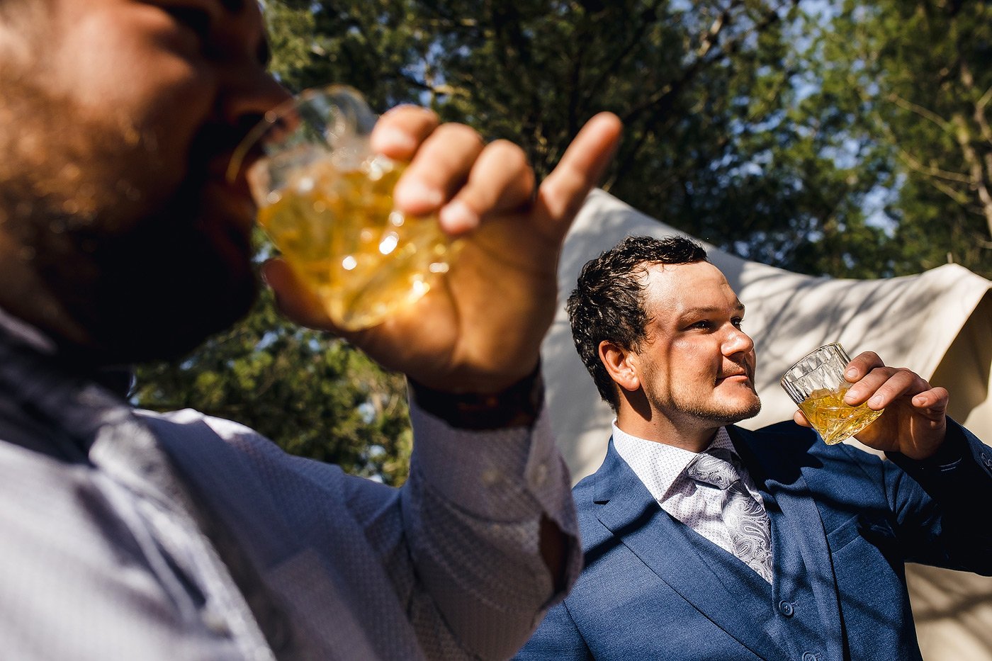 Groom and Groomsmen drinking Whisky in the Sun