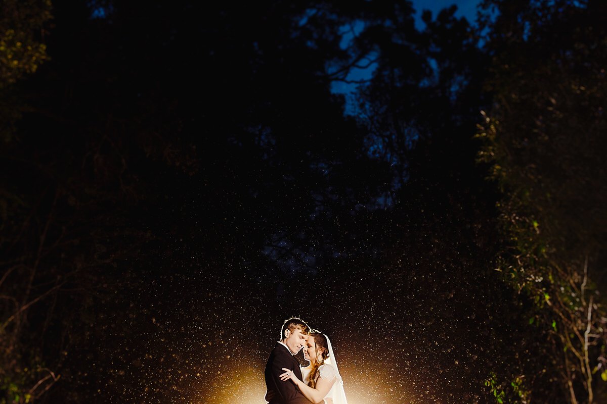  Night Portraits in a forest during a Cold, Rainy Wedding Day.  