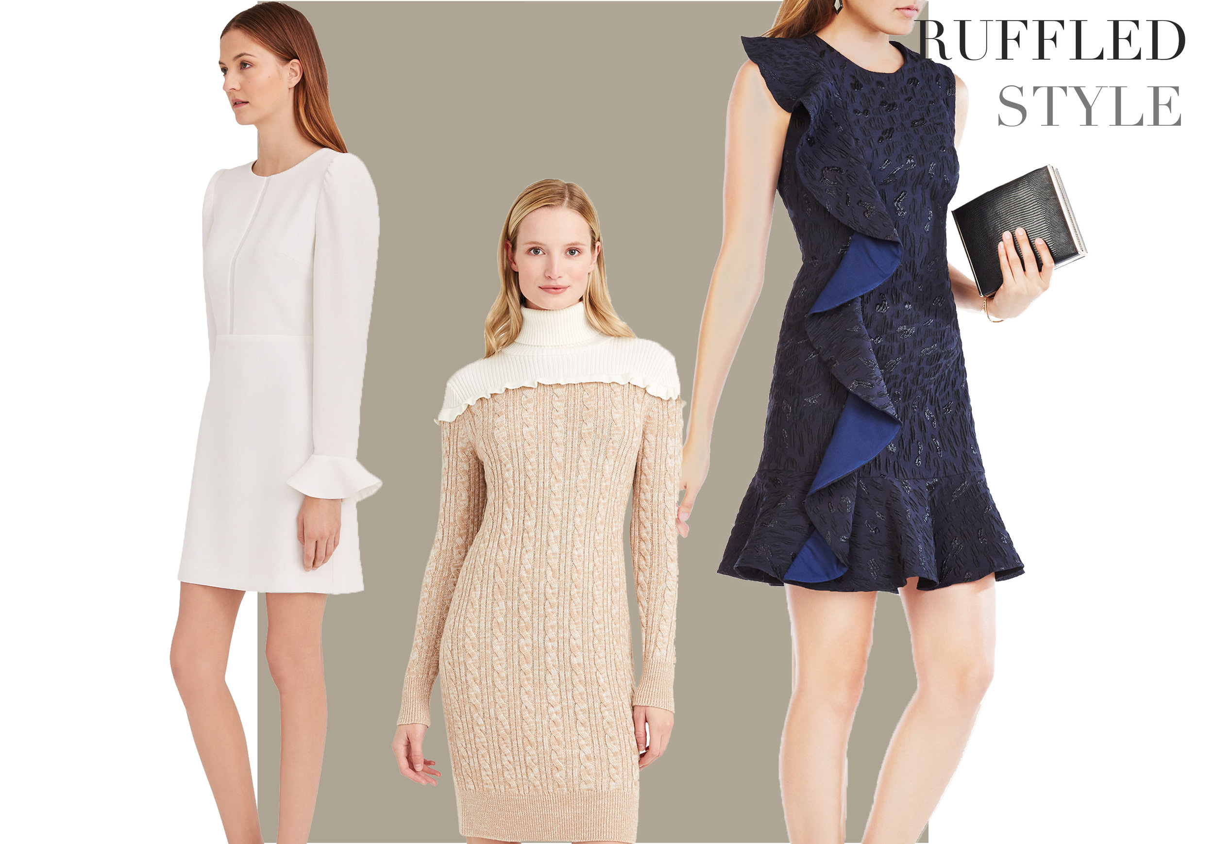 Ruffles and flounces were seen in all the designer collections and are featured on sleeves, hemlines, cuffs, and necklines. Look for a ruffle detail to add that fashion flair. BCBG Maxazria Blue Ruffle Dress Club Monaco White Ruffle Dress Club Monaco Ruffle Sweater Dress