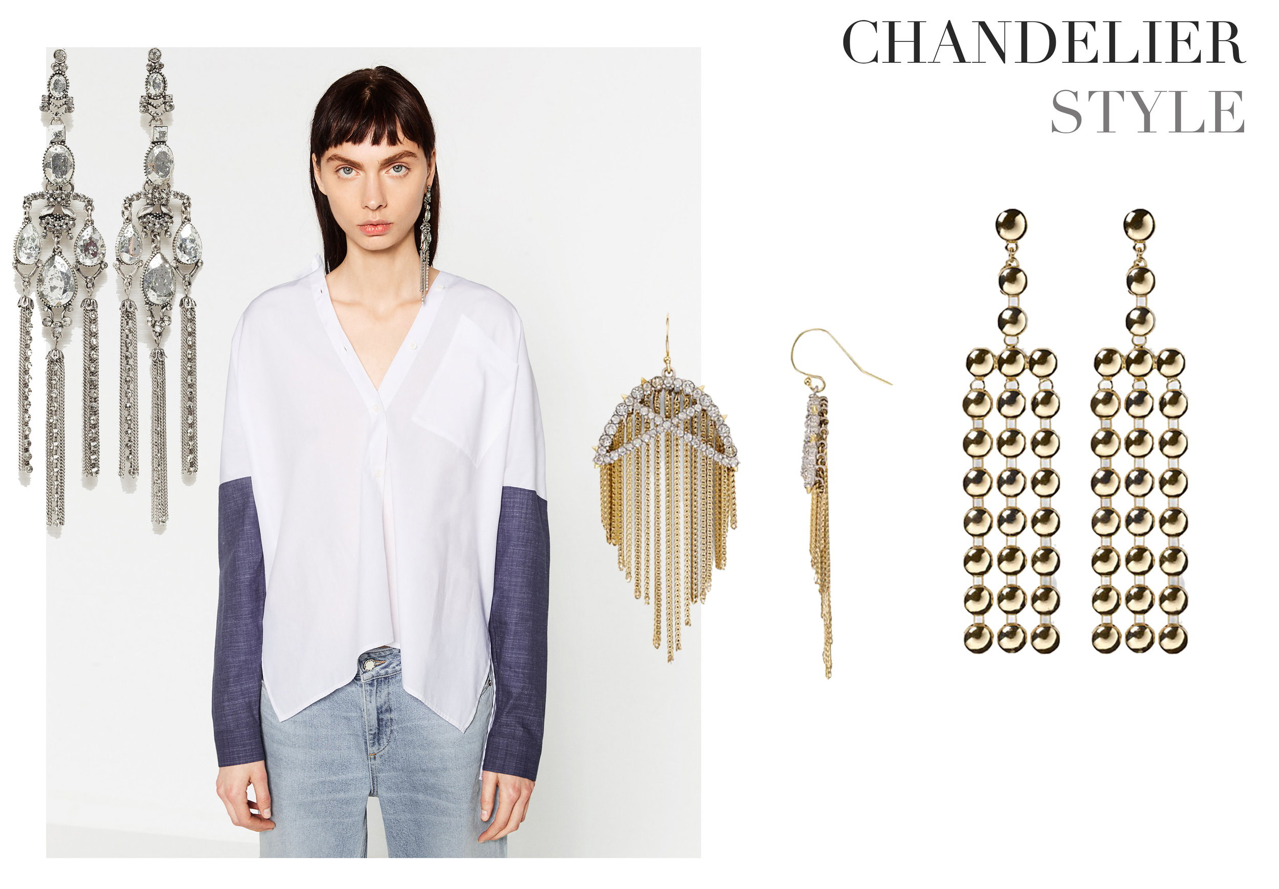 Chandelier earrings are always a great choice and one of my favorite go to looks. A new styling tip: only wear one earring, especially if it's oversized. I saw this on so many of the global Spring 2017 Designer runway shows, and thought it was a cool new styling option. Bloomingdales Gold Drop Earrings Alexis Bittar Gold and Rhinestone Drop Earrings Zara Long Silver Earrings