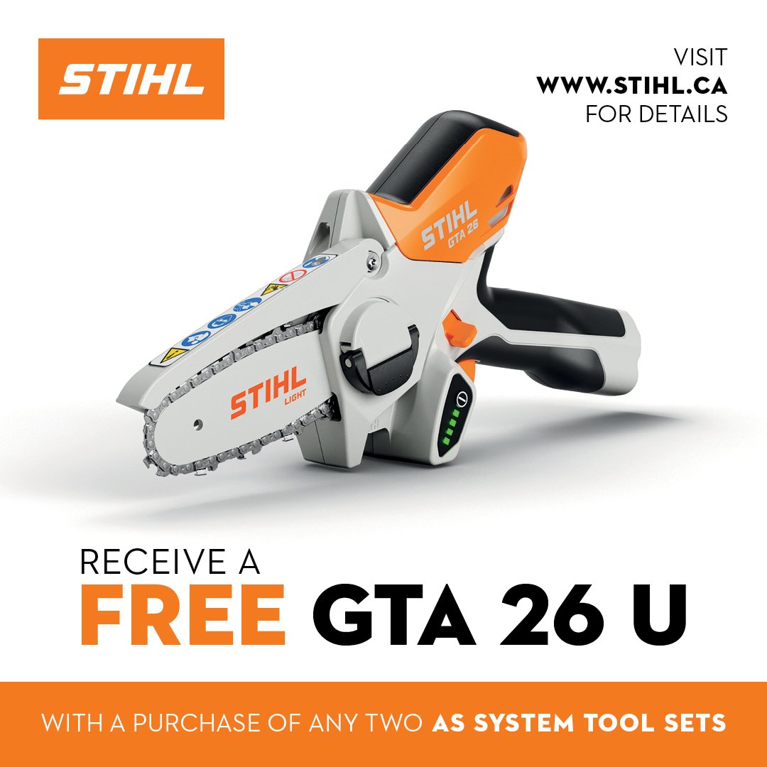 For a limited time only, purchase any TWO STIHL AS System Tool Sets, receive a FREE GTA 26 U. Valid on purchases made between January 1st and June 28th 2024. While supplies last. (Purchases must be on the same receipt.)