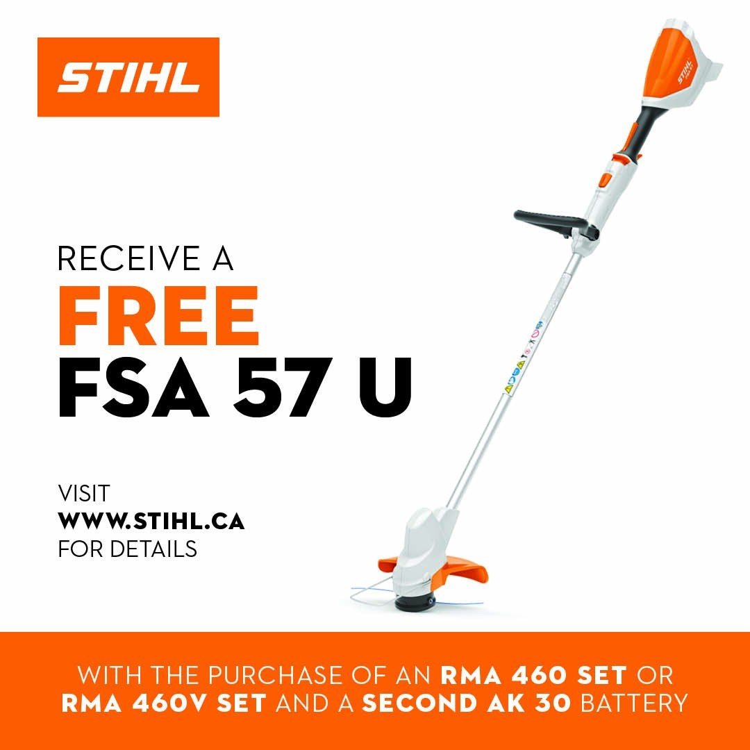 STIHL Canada is currently offering a FREE FSA 57 unit only with the purchase of an RMA 460 or RMA 460 V set③ and a second AK 30 battery. Visit Burk's Falls Home Building Centre for details.

①Valid while supplies last. ② Upon completion of online red