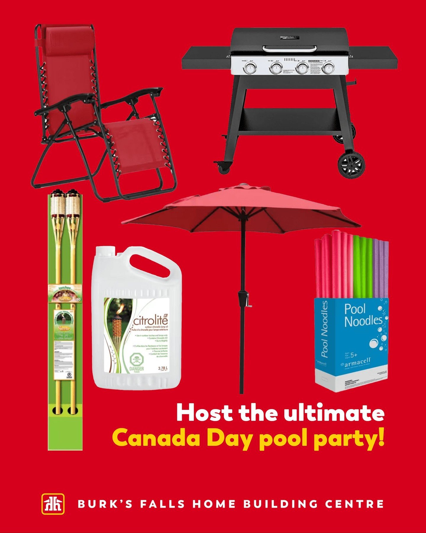 🇨🇦 ⛱️ Host the ultimate Canada Day pool party!🩱🩳

Visit us here at Burk's Falls Home Building Centre and stock up on pool noodles, patio umbrellas, citronella oil, BBQs, torches and more. Everything you need to turn your backyard into the place t