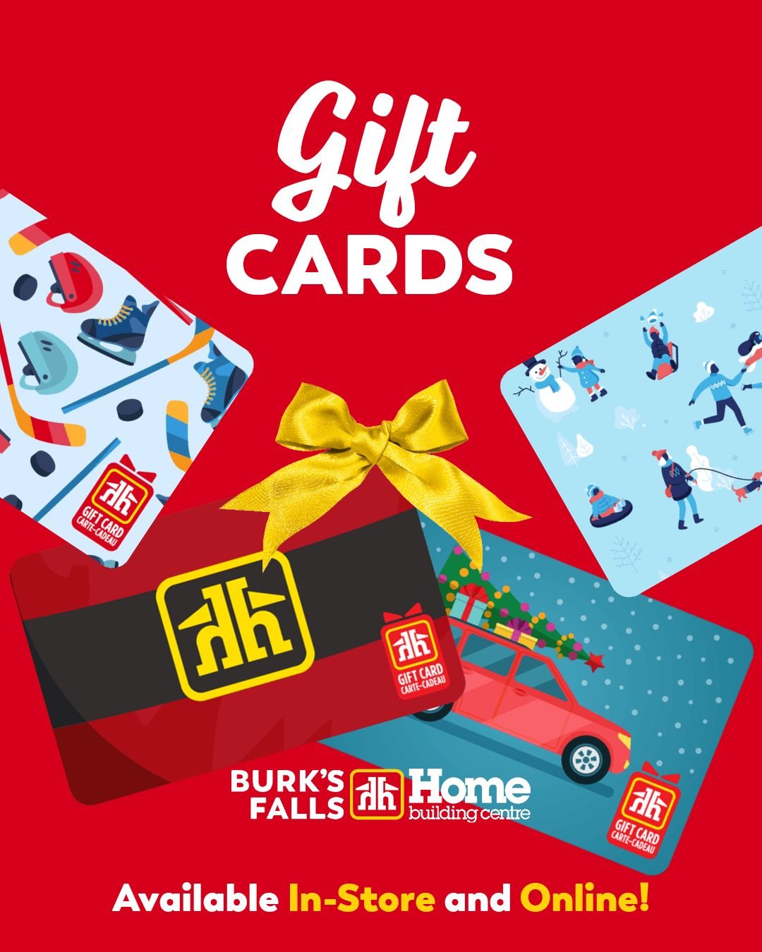 Give the gift of choice this holiday season! 🎁

A Burk&rsquo;s Falls Home Building Centre gift card lets the DIYer in your life choose the tools, gadgets and supplies they really want! Visit us in-store to purchase your gift card, or buy online!

🛠