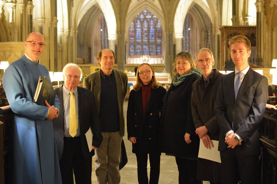  Matthew Owens (Organist and Master of the Choristers) with (from L-R) Philip Wilby, Lord Berkeley CBE, Rebecca Farthing (pupil at Wells Cathedral School), Judith Bingham (President of new music wells), Howard Skempton, and Jeremy Cole (Assistant Org