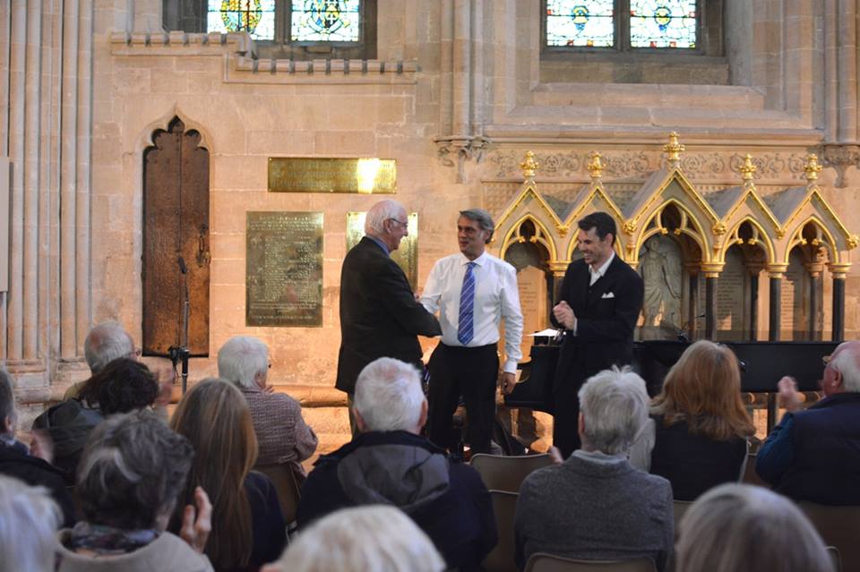  Composer Paul Drayton congratulates members of the Vicars Choral  Edward Goater &nbsp;and Christopher Sheldrake following their performance of his song cycle during Monday's lunchtime concert. 