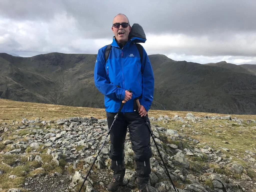 Peter, almost at the top of St Sunday Crag, with Striding Edge in the background - that was a lucky escape!