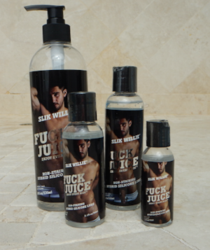 Slik Willie Fuck Juice comes in four bottle sizes: 1.7oz and 3.1oz- perfect for travel (TSA approved sizes), a 5.4oz and a huge 18oz bottle. The bigger the bottle the more guy you see... If you don't want a naked man on the bottle, get Slik Willie in the blue bottle instead. Same content in a SFW bottle!