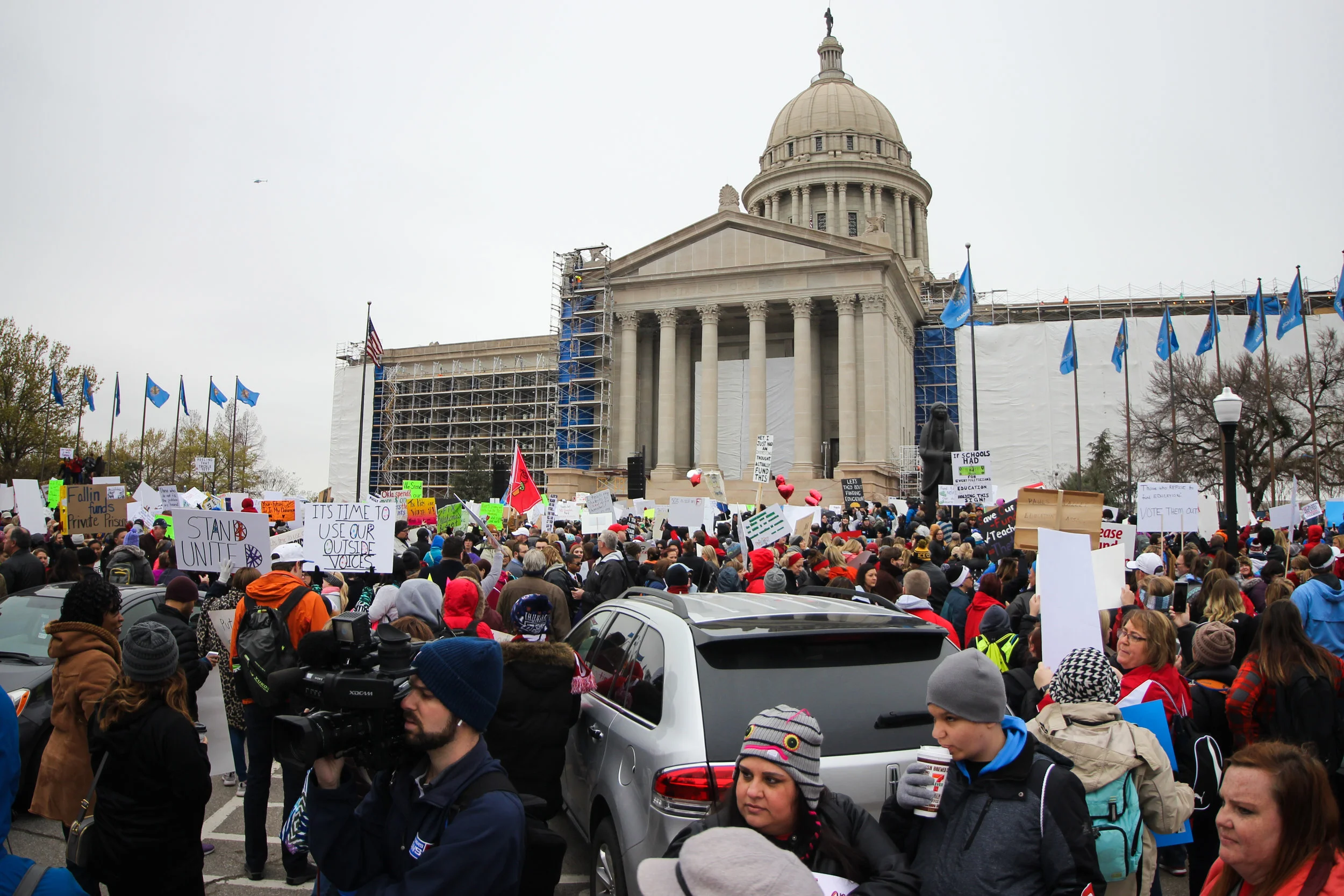 Teachers arrive on buses to join picket lines and speak to their legislators.