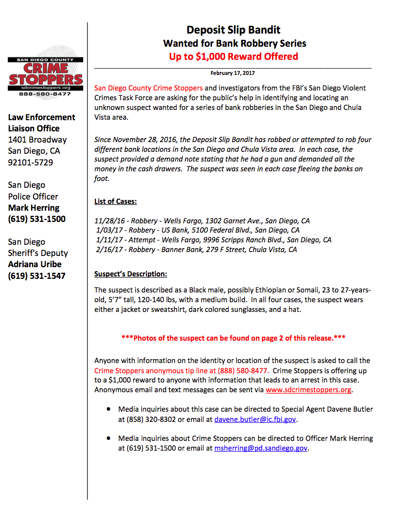 Wanted Deposit Slip Bandit Sd Crime Stoppers