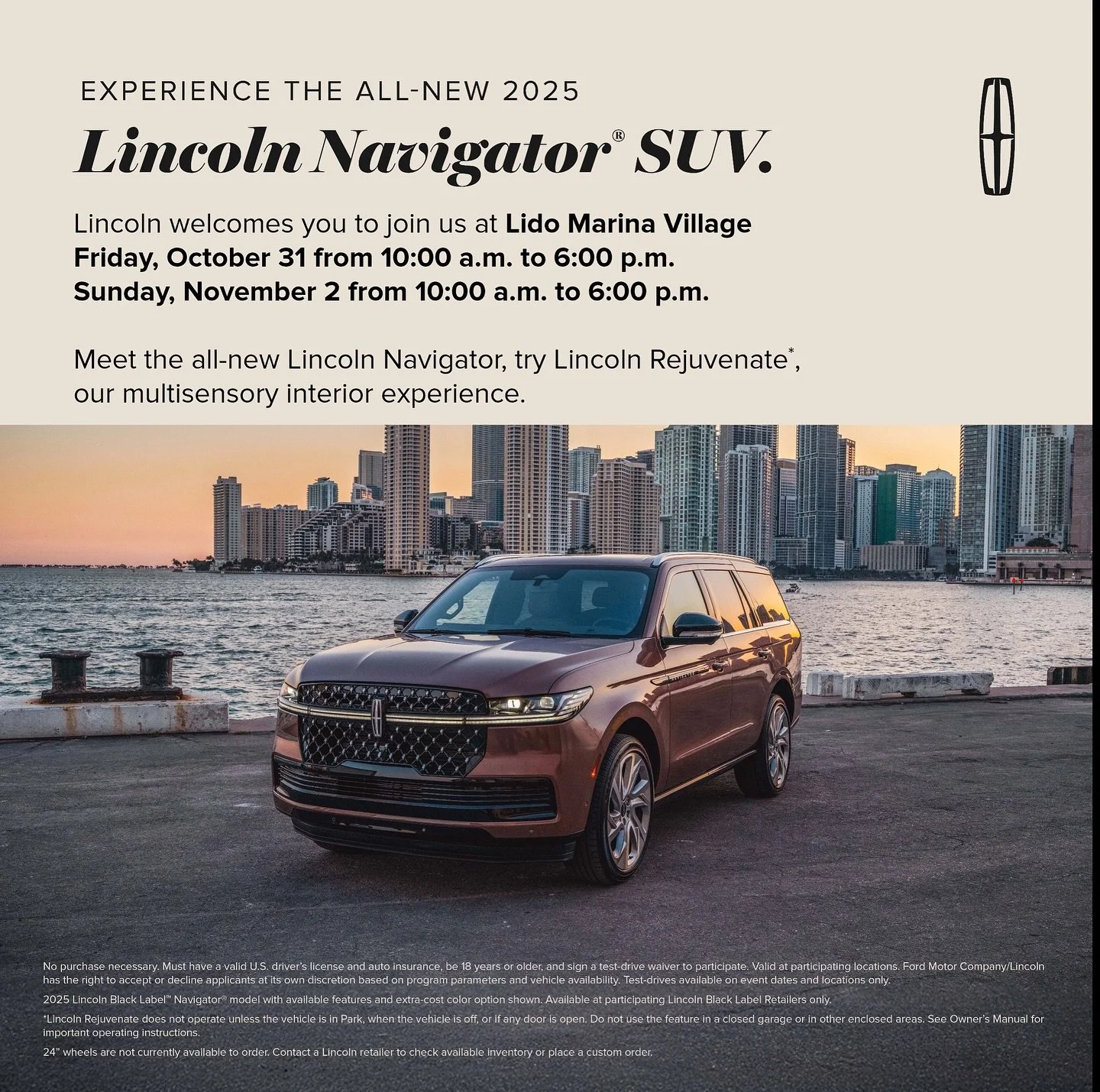 Meet the all-new Lincoln Navigator SUV! ⁠
⁠
Try Lincoln Rejuvenate, Lincoln&rsquo;s multisensory interior experience, and enjoy giveaways as a thank you!
⁠
You&rsquo;ll find the fun located right next to the French Buckets Flower Cart! See you there.