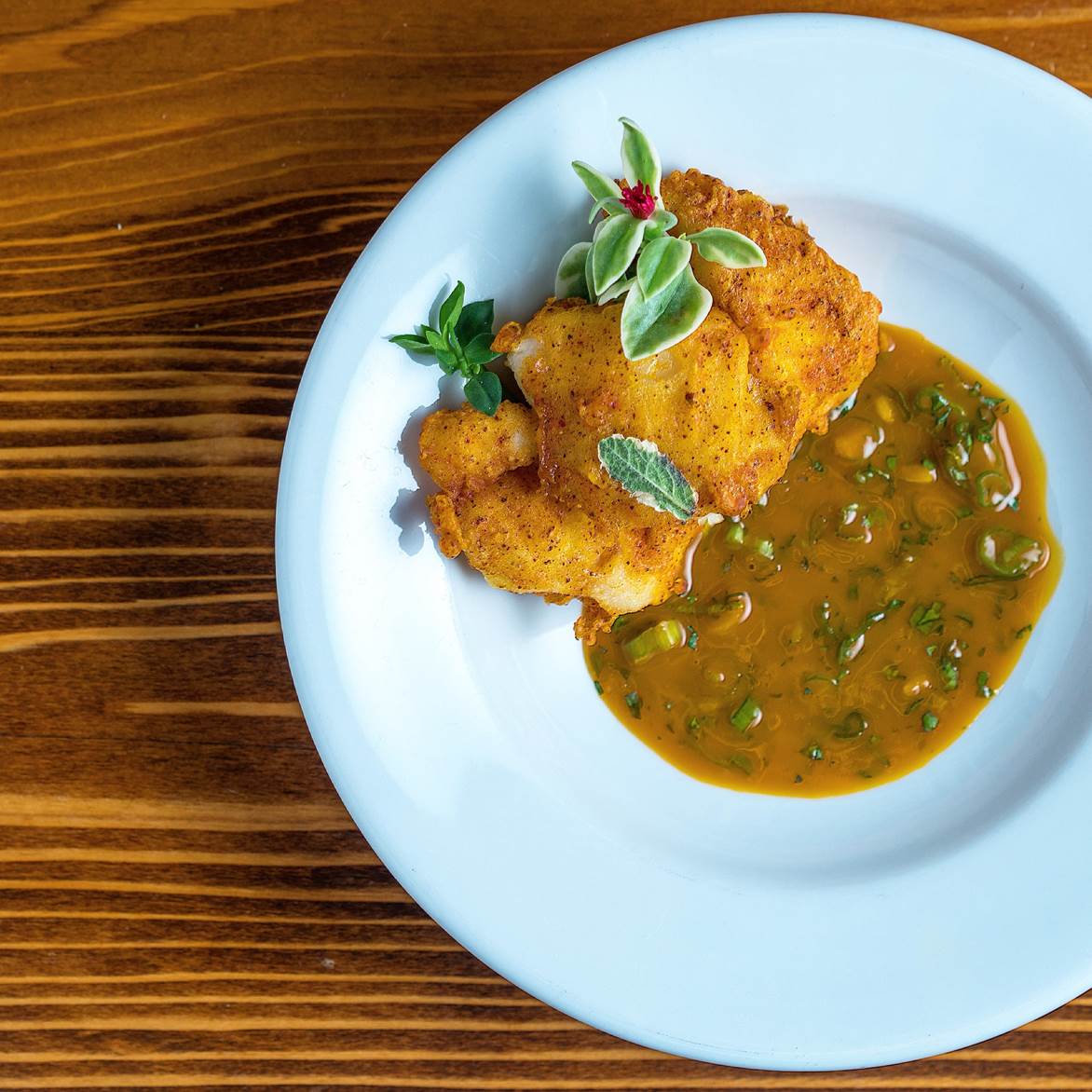 Louis Robinson:<br /> Annato battered halibut cheeks • Sweet and sour datil pepper sauce • Crystal Lettuce • Pineapple mint and cilantro