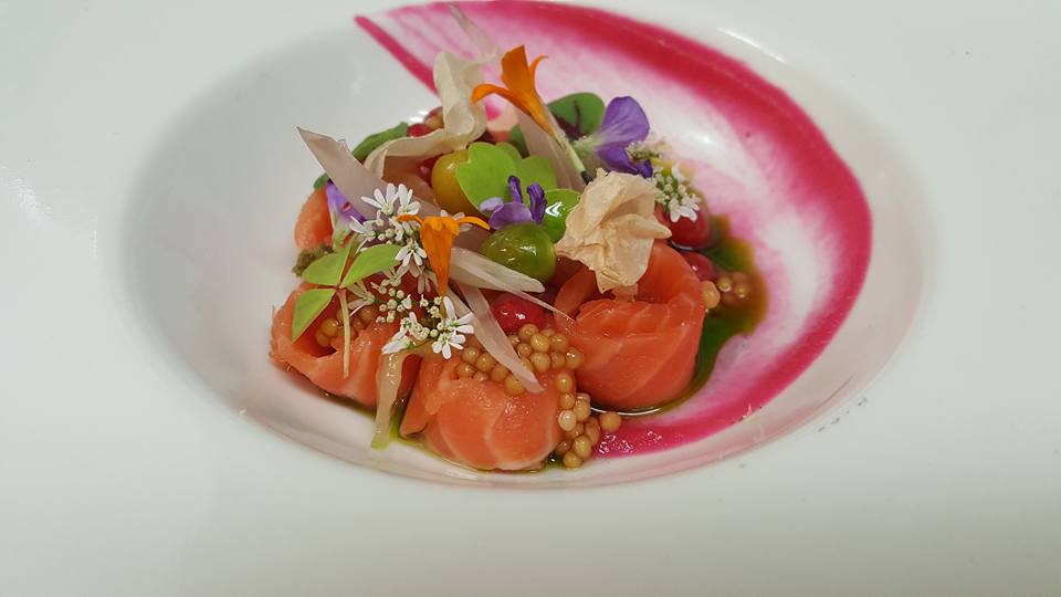 Bobby Brown <br/> Colombia River Salmon Belly - wild red huckleberry, pineapple tomatillo, lucky sorrel, citrus coriander blossom, pickled Okinawa yam puree