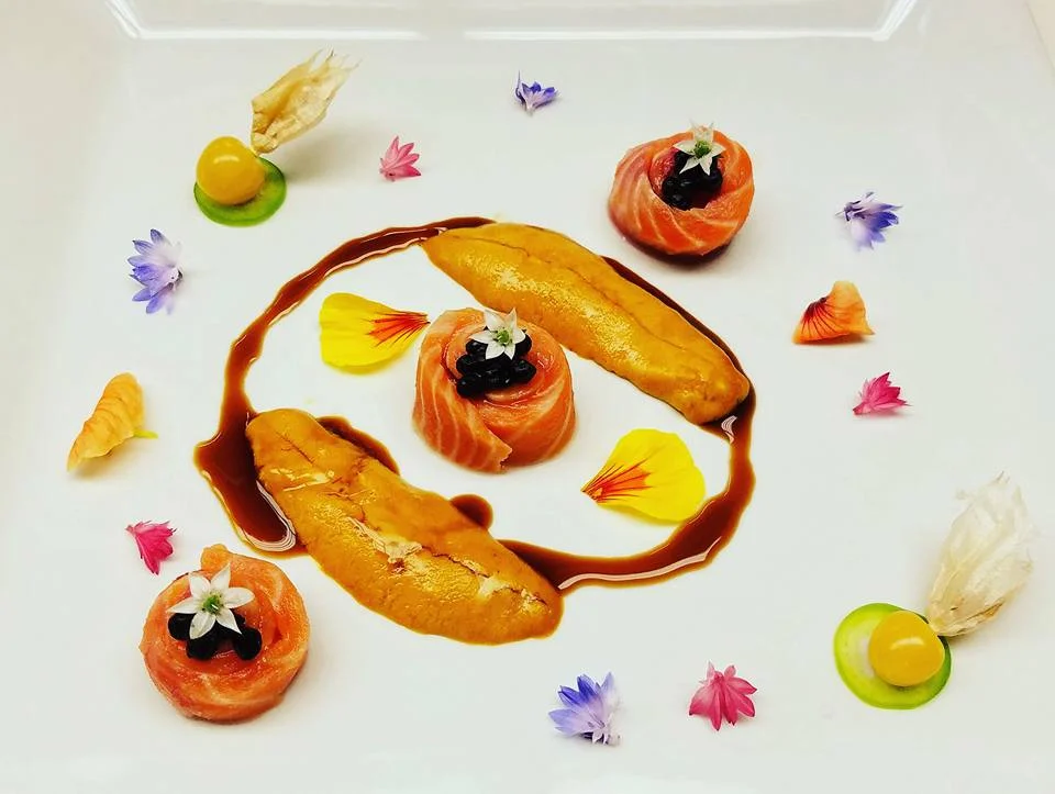 Jeff Huntzinger, Beaumont Inn <br/> King Salmon Belly Crudo with Sea Urchin