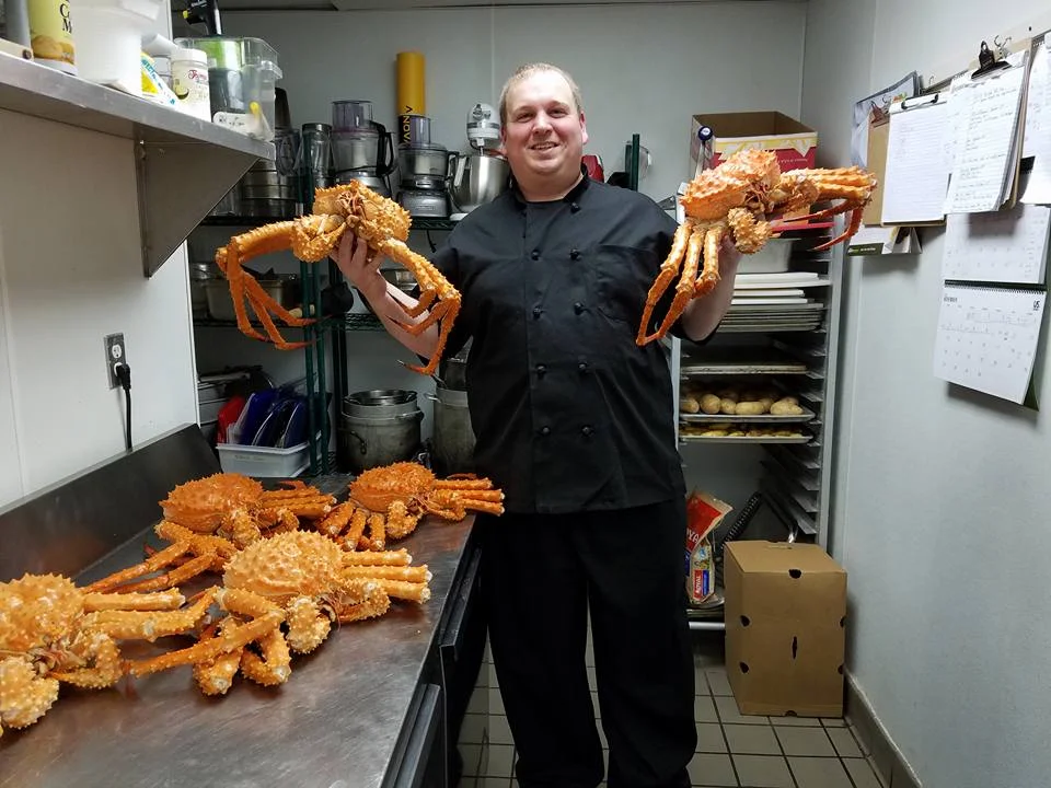 Jeff Huntzinger, Chef at the Beaumont Inn <br/> gets his six whole Gold King Crabs direct shipped from Alaska