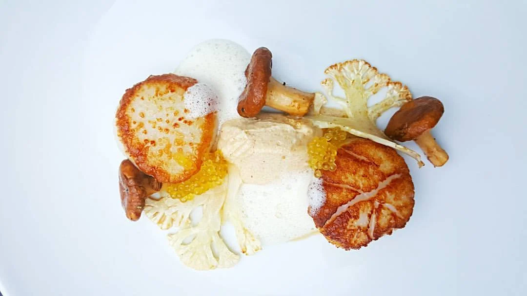 michael langdon, glenmaura <br/> Scallop, roasted cauliflower, golden trout roe, kaffir