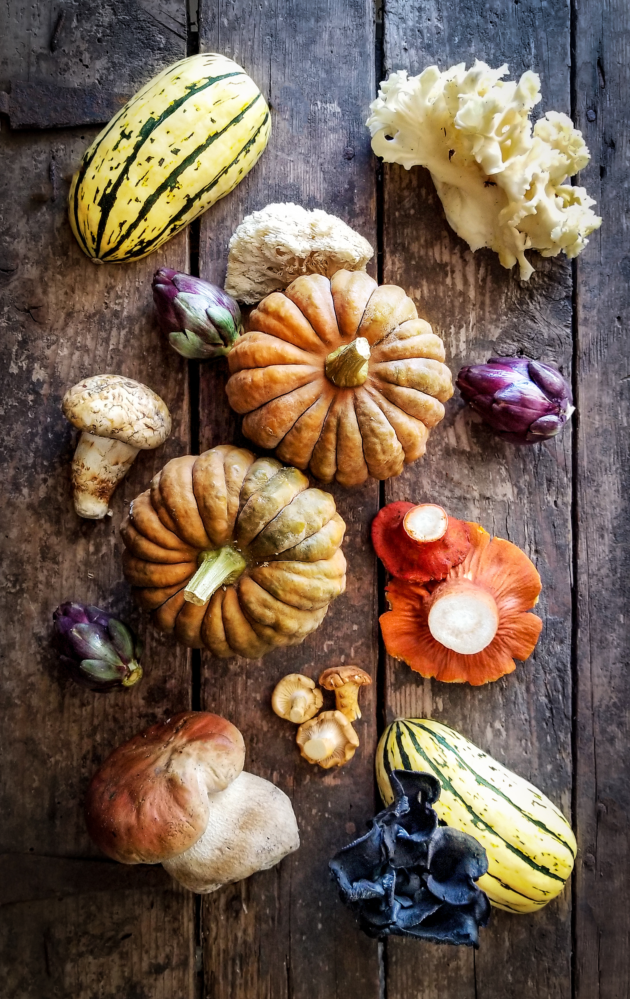 Fall harvest of hardy squashes and wild mushrooms