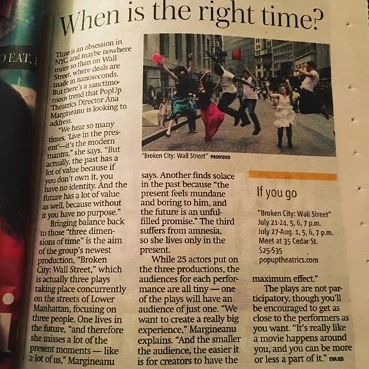 Krystal Sobaskie in PopUP Theatric's Broken City: Wall Street. News Coverage.